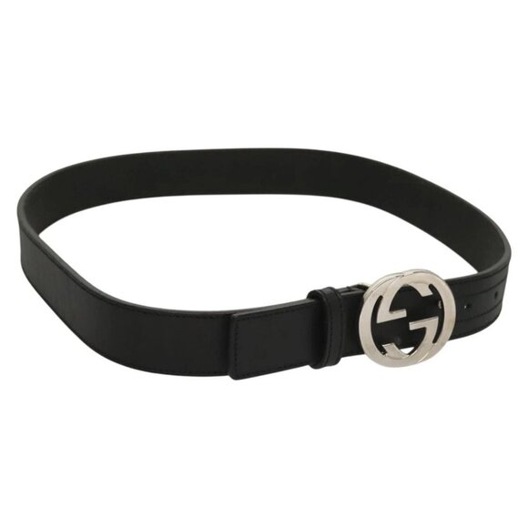 GUCCI Interlocking Belt Leather 33.1"" Black Gold - Picture 1 of 9